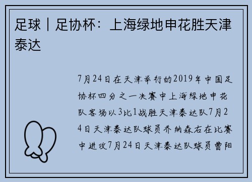 足球｜足协杯：上海绿地申花胜天津泰达